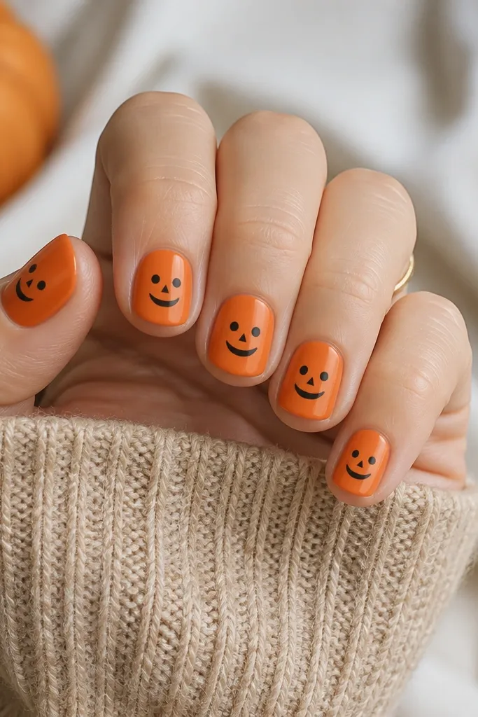 Short nails with orange base. Each nail has a simple jack-o-lantern face made from three black polka dots: two eyes and a nose triangle, plus a black curved mouth. The faces are centered and small.