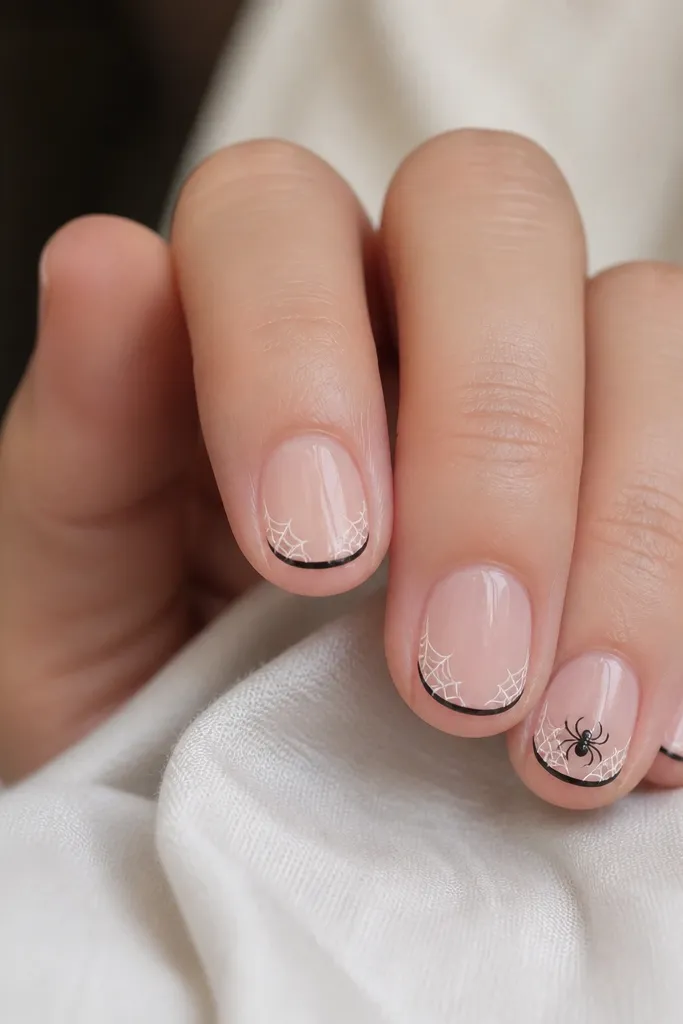 Short nails with a nude base and a super thin black French microline near the tip. From the microline, thin white web lines extend toward the sides like a spiderweb. One nail has a small black spider at the center.
