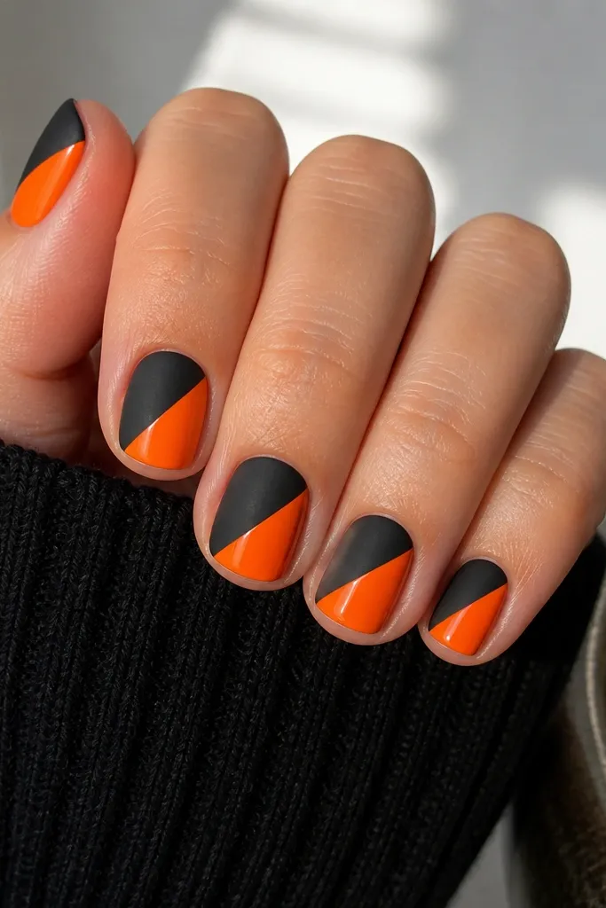 Short nails split diagonally. One side is matte black, the other side is glossy orange. The split is a clean diagonal line from lower left to upper right, with no smudging at the corners.