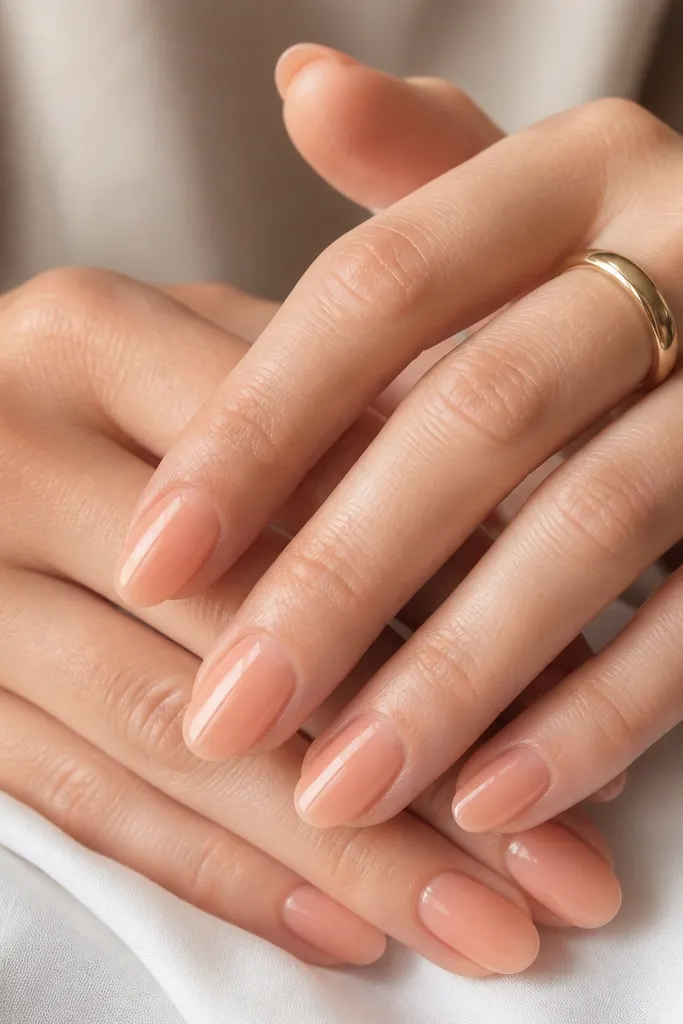 Hands shown with medium-short almond nails in a warm peach nude. The nails look semi-sheer with a smooth glassy shine and clean cuticle edges; no art except natural-looking tone.