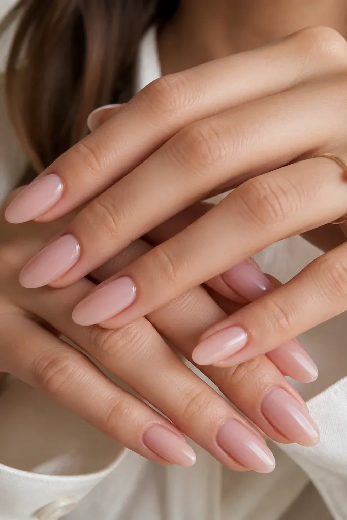 Almond nails in a soft pink nude that matches a baby-rosy tone. The finish is glossy and even, with a crisp cuticle line and subtle natural translucence.
