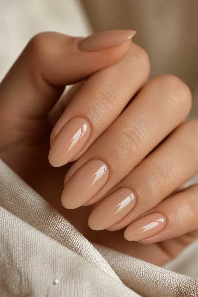 Almond nude nails in a beige-tan tone with a warm neutral look. The nails have a high-gloss finish and a smooth, slightly translucent center.
