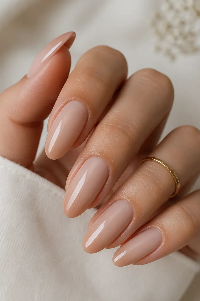 Almond nails with a subtle nude gradient: the center looks slightly clearer while the sides are a warmer nude. The finish is glossy with a gentle fade.