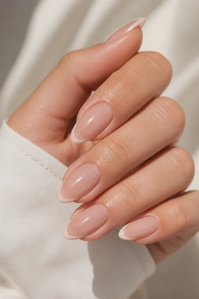 Almond nails with a nude base and a very thin milky-white tip line. The smile line is crisp and narrow, with glossy finish and clean cuticles.