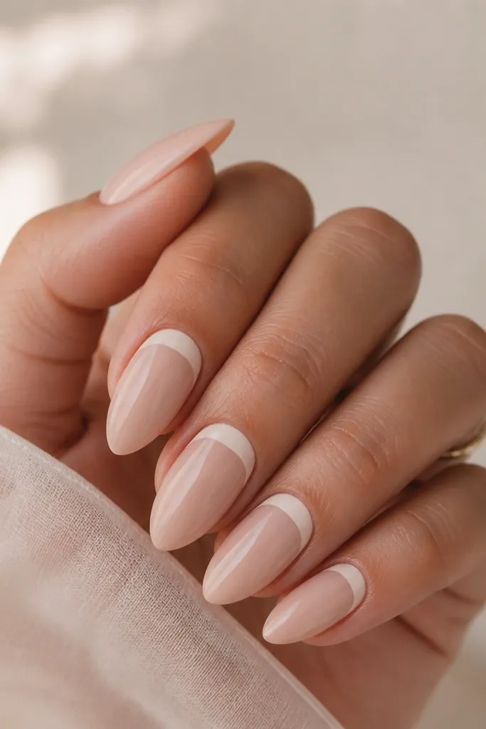 Almond nails with nude base and a subtle reverse French around the cuticle. The half-moon area is slightly brighter milky nude, making a clean crescent near the skin.