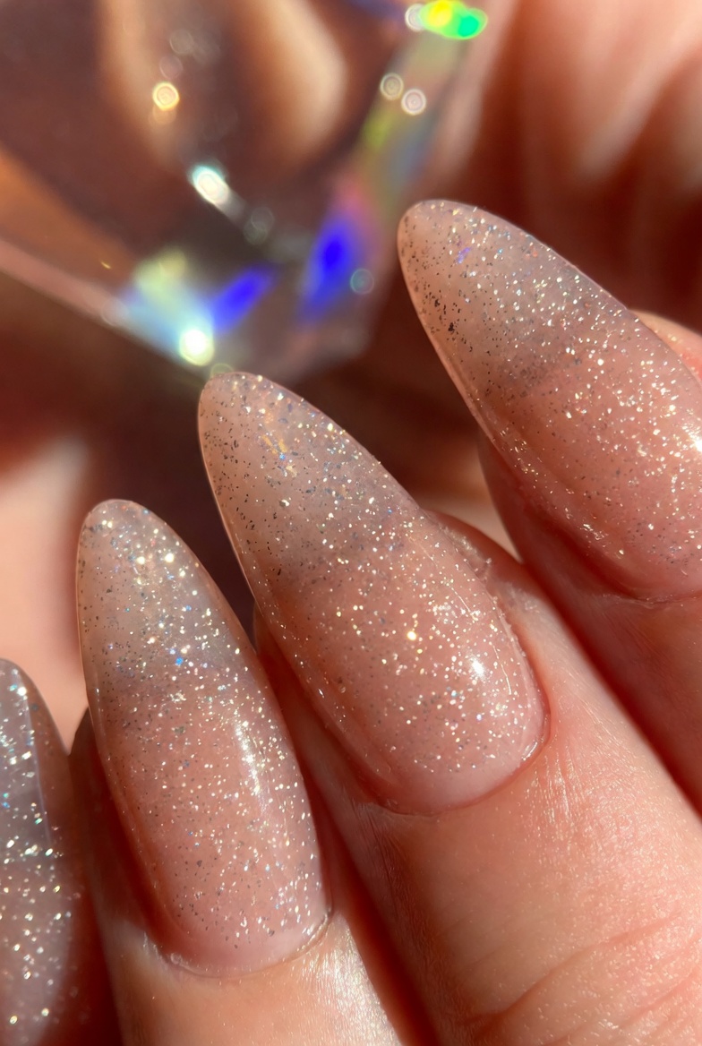 Almond nude nails with a fine, barely-there glitter veil. The sparkles are concentrated in the center and fade outward, still mostly nude.