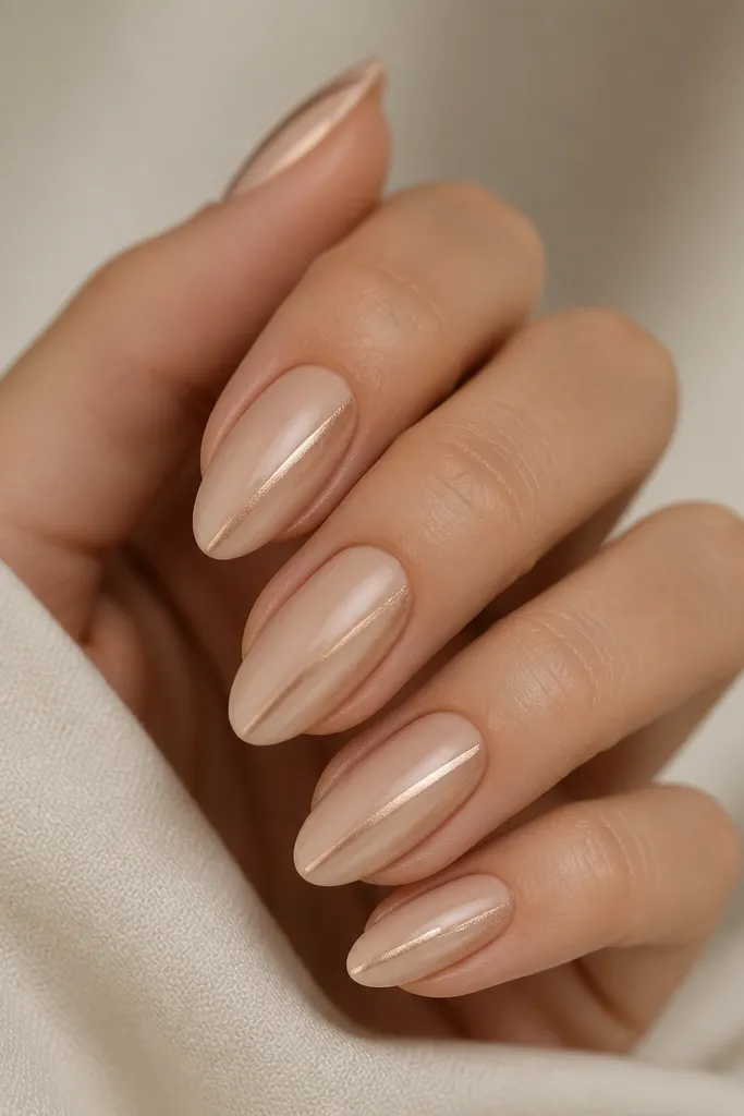 Almond nude nails with a single satin-finish stripe along one sidewall per nail. The stripe looks like a thin brushed line, with rest glossy nude.