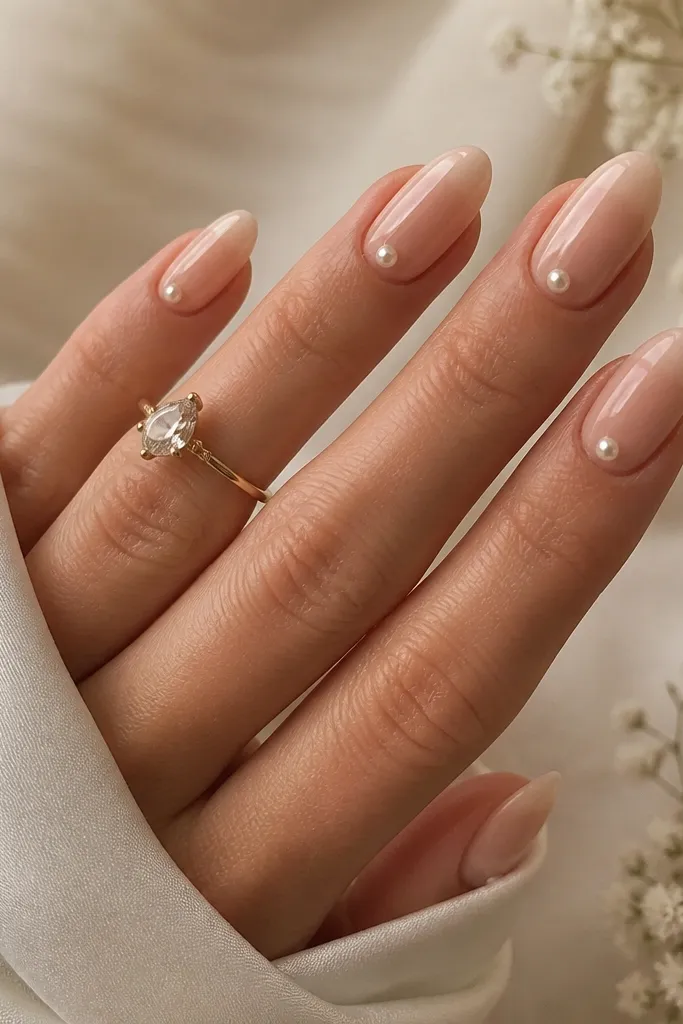 Almond nude nails with a single tiny pearl dot near the cuticle on each nail. The pearls are small and glossy, and the nude base is smooth and translucent-glossy.