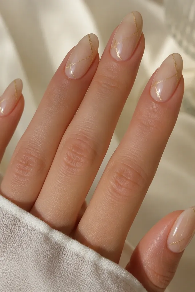 Almond nude nails with thin gold foil threads running diagonally across the nail bed. The gold looks like delicate shards, sealed under glossy top coat.