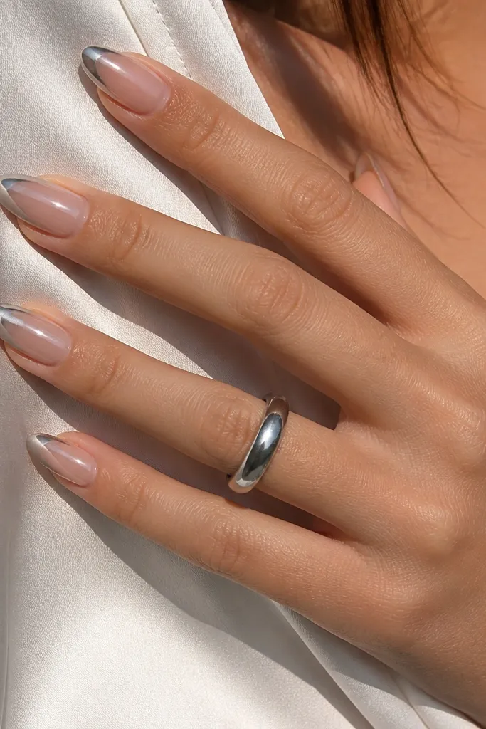 Almond nails with nude base and a clear-to-silver chrome only at the tips. The chrome looks like a reflective gradient fading into nude.