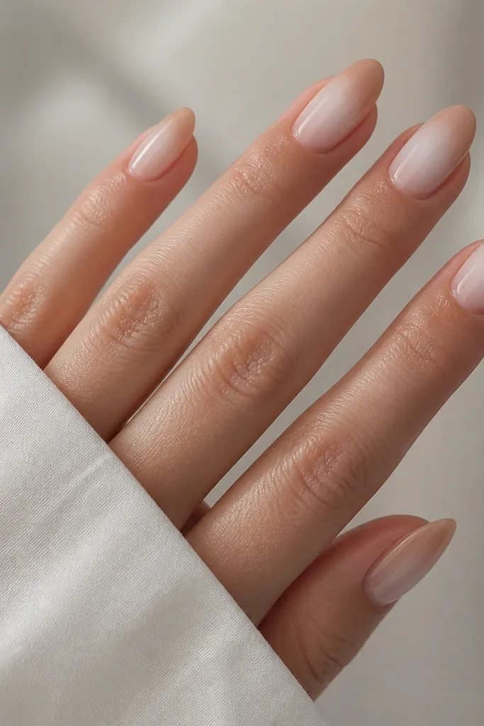 Almond nails with a nude base and a soft milky fog patch in the center. There's no crisp outline; it looks like a blur of white-milk over nude.