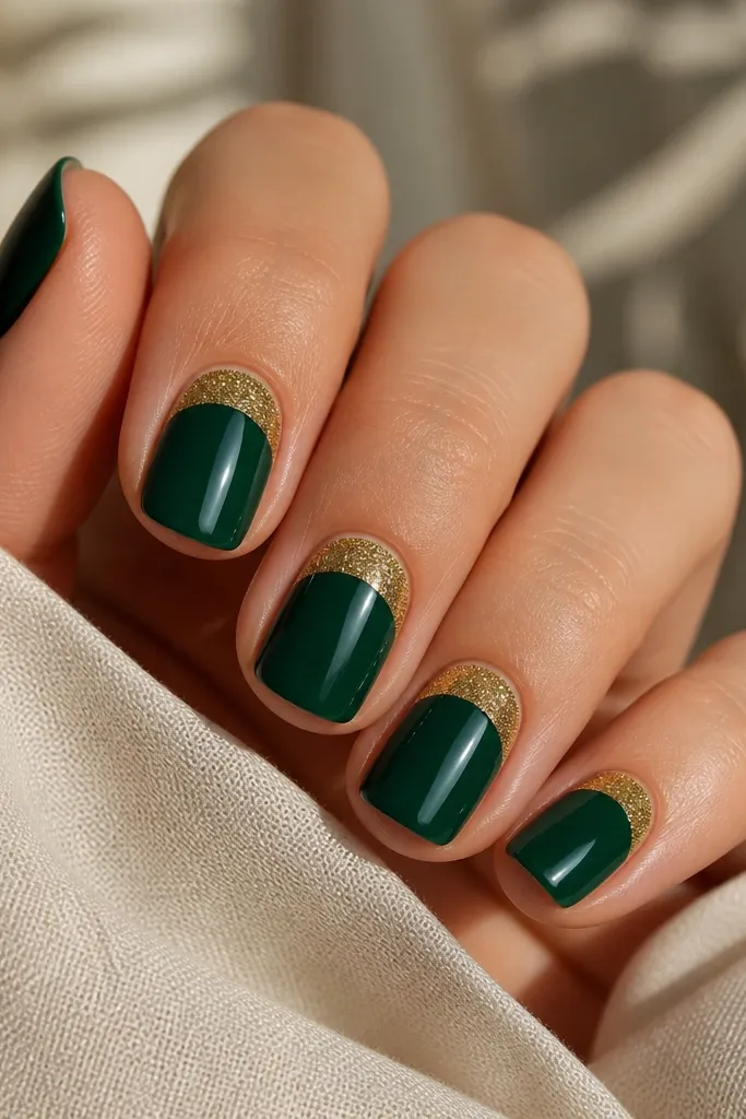 Five short squoval nails. Base is deep evergreen. A clean curved line is made with striping tape, and the tip area is painted with fine gold micro-glitter. The gold stops in a neat arc, no bleeding.