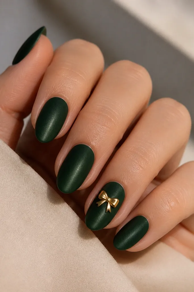 Short almond nails in a dark green velvet-satin finish. On the ring finger, there is a small metallic gold bow shape with a tiny center knot. Other nails have no extra art.