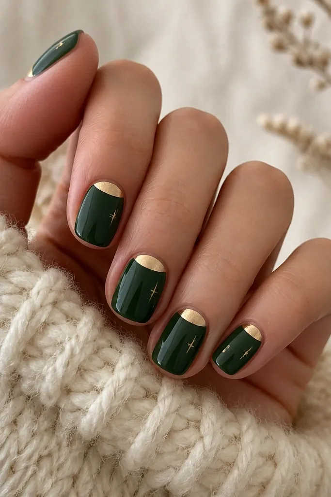 Short squoval nails. A gold half-moon sits at the cuticle line on each nail. The rest is pine green. Near the free edge, there are one or two tiny gold dots shaped like small stars.