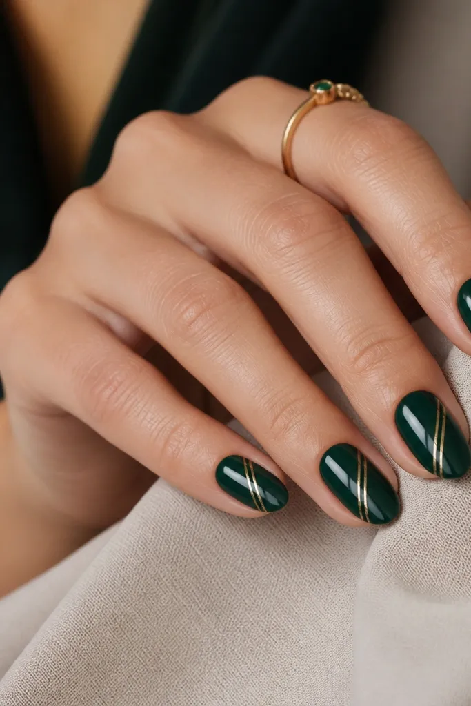 Short almond nails with a glossy emerald base. Two diagonal gold stripes run from lower left to upper right on each nail. The stripes are thin and crisp, with a little negative space between them.