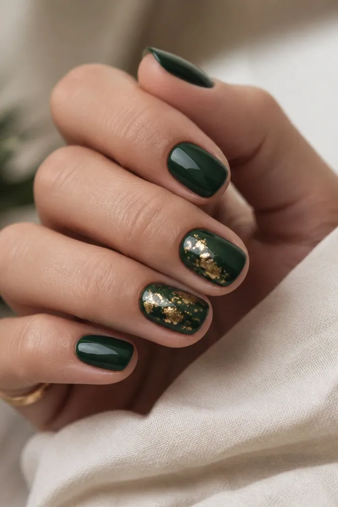 Short round nails in dark pine green. On two nails, gold foil flakes sit near the center and fade outward. The foil has irregular edges and a metallic shine.