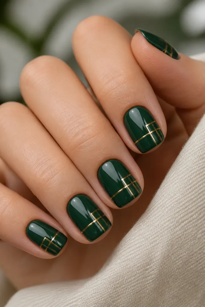 Short squoval nails with a glossy deep green base. Thin gold lines form a grid. The grid isn't full coverage; it's slightly broken and starts around the middle of each nail.