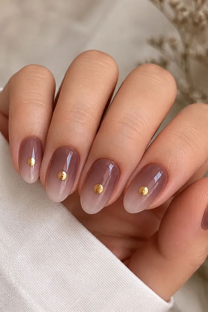 Short almond nails. The base starts darker near the cuticle and fades lighter toward the tip. In the center of each nail there is a small circular gold foil dot with a glossy highlight.