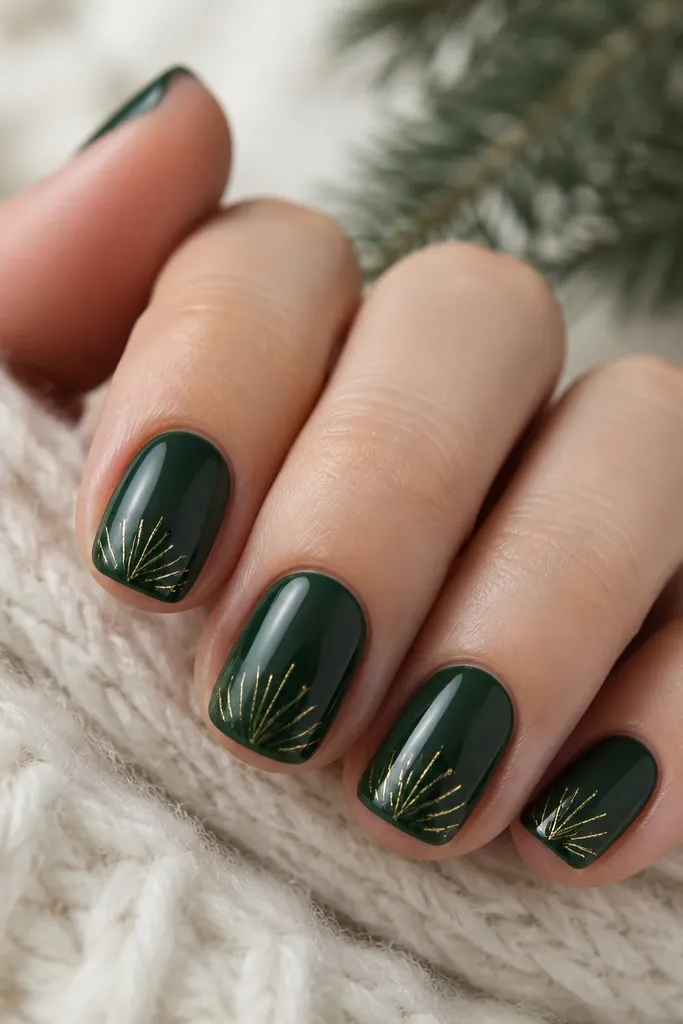 Short squoval nails in dark green. Each nail has a small cluster of fine gold lines near the free edge that resemble pine needles. Lines are thin and vary in length.