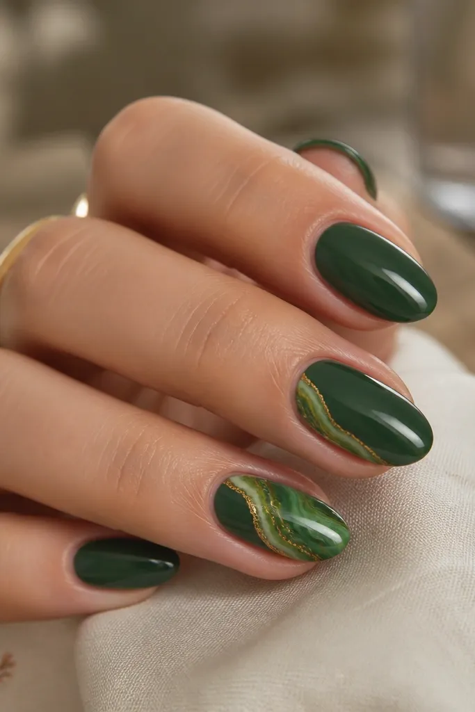Short almond nails with a glossy green base. Across two nails, there's a marbled geode swipe in lighter green and hints of gold shimmer. Around the marbling area is a thin gold outline that looks like stone veins.