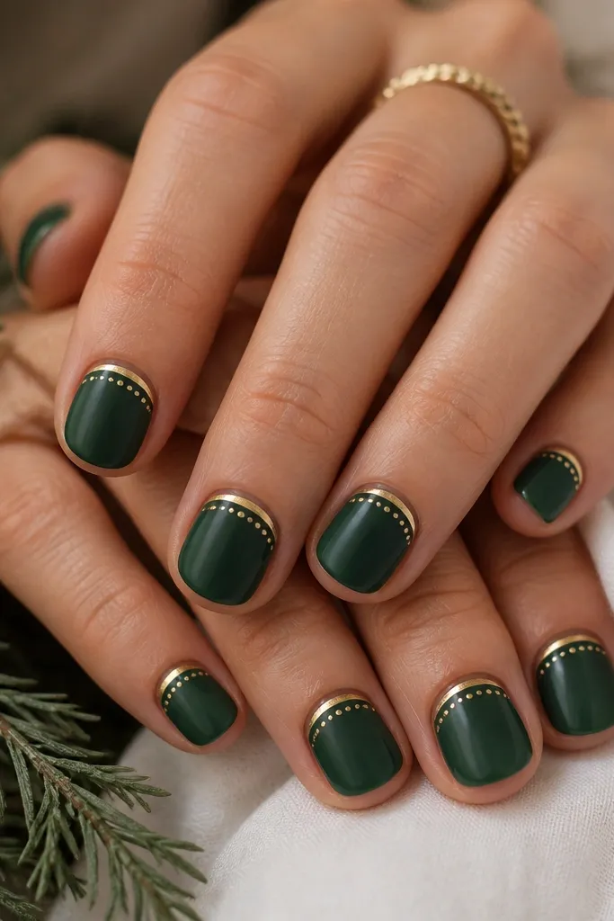 Short round nails in evergreen green. A thin gold crescent sits just above the tip on each nail. Tiny gold studs line the crescent curve like beads.