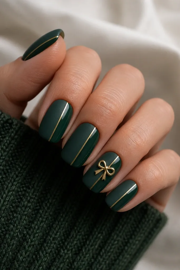 Short squoval nails split vertically. One side is matte pine green, the other side is glossy pine green. A thin gold ribbon stripe runs down the glossy side, and on the ring finger there's a small gold bow.