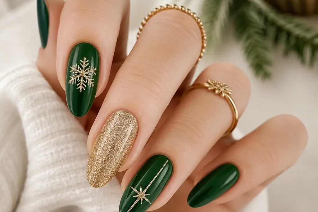 Quick green and gold Christmas nails