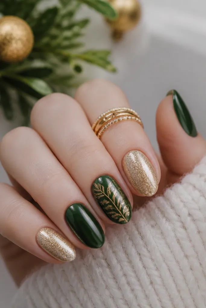 Quick green and gold Christmas nails