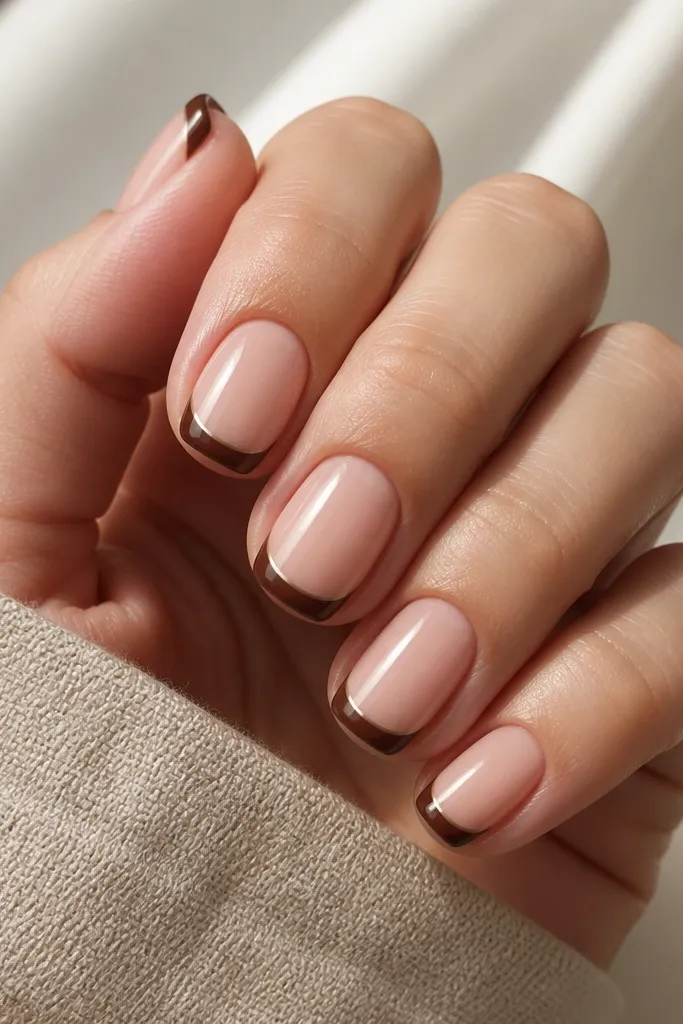A full hand of short nails in squoval shape. Each nail has a glossy nude base with a cocoa-brown French tip. A thin, slightly lighter brown micro stripe runs parallel to the French line near the tip edge.