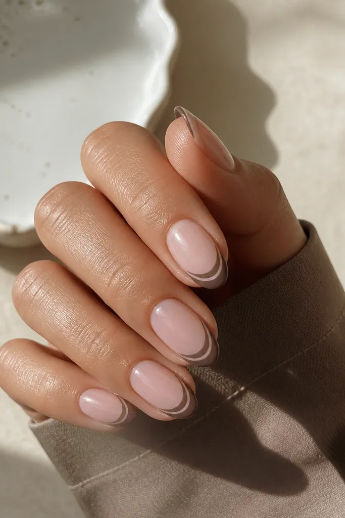 Short almond nails with a sheer pink base. The French tip is taupe-brown but shaped like a smile line that leaves a thin negative-space gap in the center near the cuticle line of the tip.