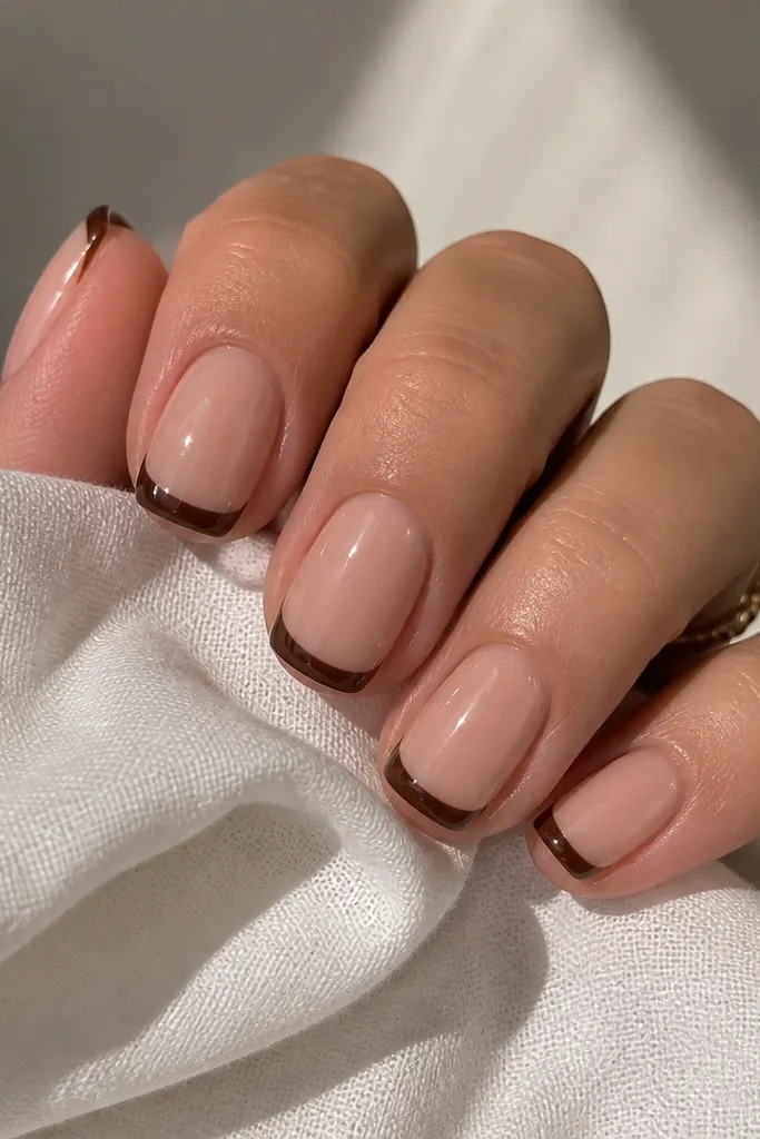 Short squoval nails with a glossy nude base. The French tip is chocolate brown, but the very tip edge has a thin clear gel layer that looks like an overhang highlight.
