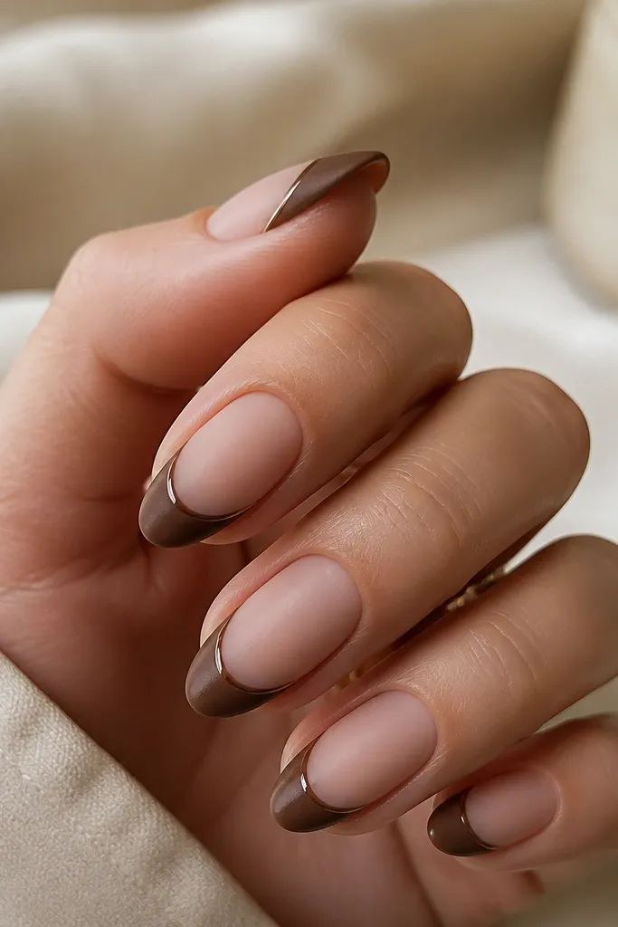 Short almond nails with a matte mocha-brown French tip. The base is a soft nude. Along the very edge of the tip there's a narrow glossy border line that looks like a highlight.