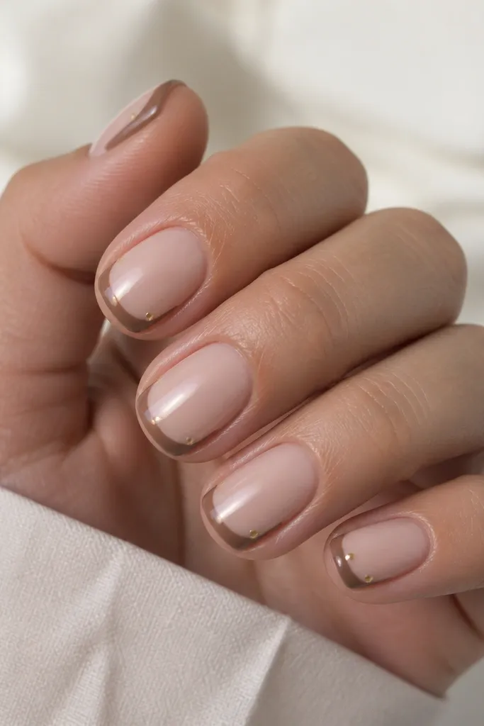 Short squoval nails with a nude base and medium brown French tips. On each nail, one tiny gold dot sits near the outer corner of the French line.