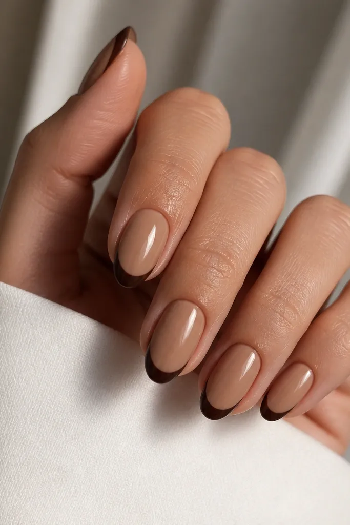 Short almond nails with a caramel nude base (slightly tan). The French tip is a darker espresso brown with a clean, even curve.