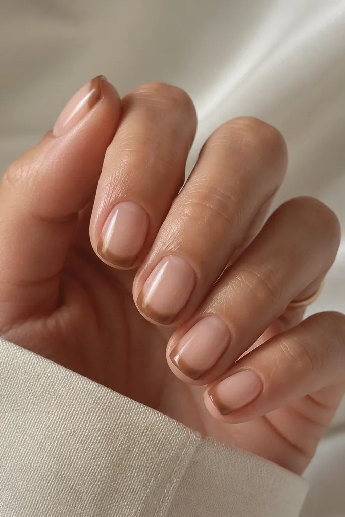 Short squoval nails with a nude base. The French tip is brown but fades lighter toward the center, darker at both outer edges, creating a subtle gradient along the smile line.