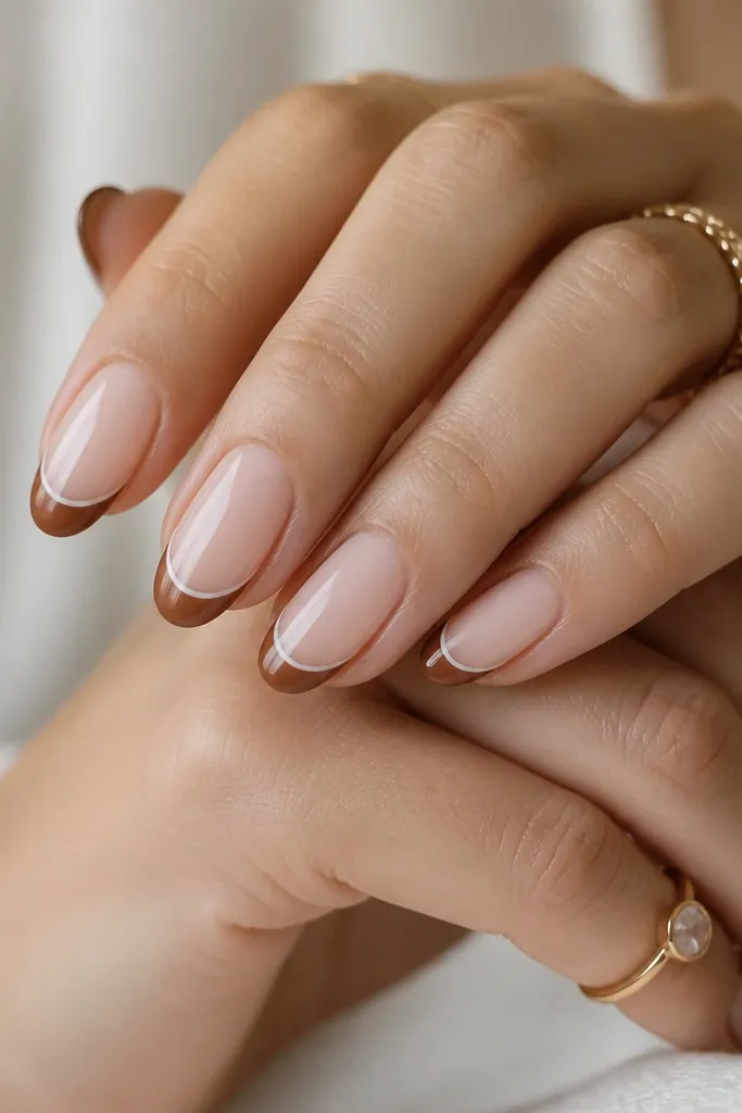 Short almond nails with a sheer nude base. The French tip is warm chestnut brown. Around the French line there's a very thin white outline, like a double line.
