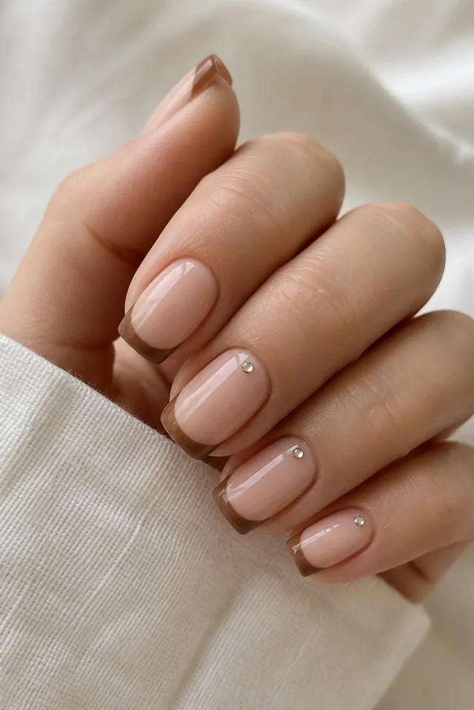 Short squoval nails with a nude base. The French tips are medium brown. Near the cuticle on one nail (or two), there's a tiny single rhinestone centered.