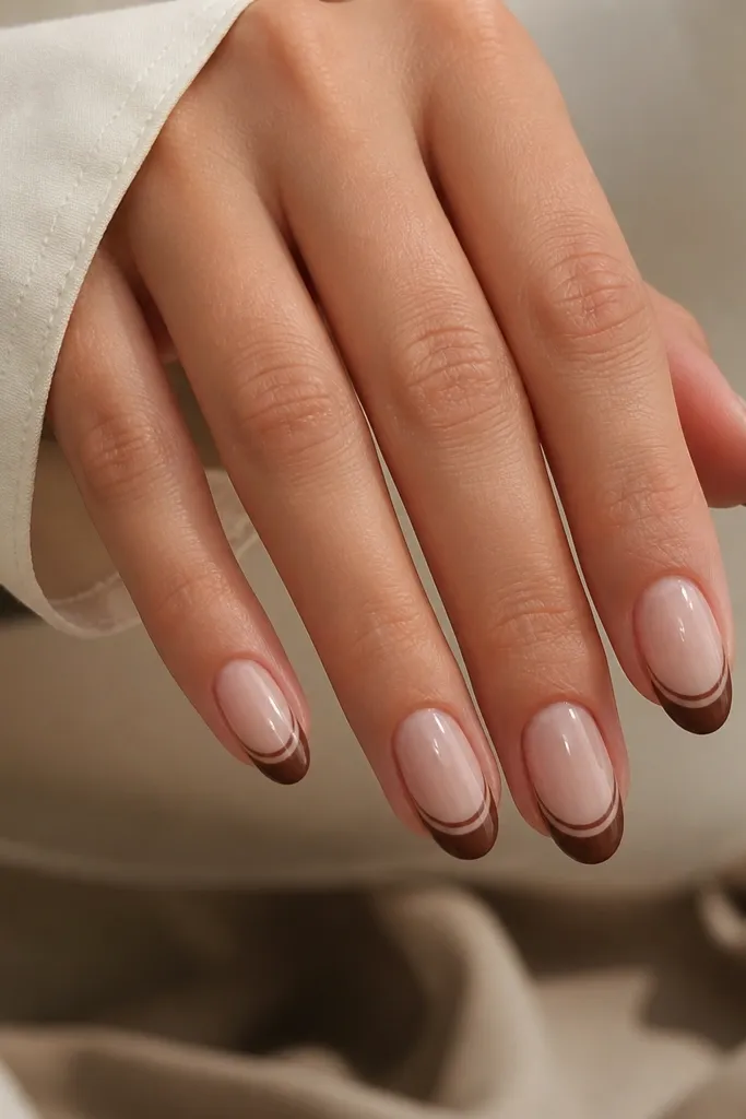 Short almond nails with a nude base. The French tip has two bands: a thin light brown band closer to the nail bed, and a thicker dark brown band at the tip edge.