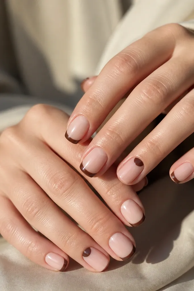 Short squoval nails with a sheer nude base. The French tips are brown. On two accent nails, there's a small half-moon shape in brown near the cuticle, like a reversed French.
