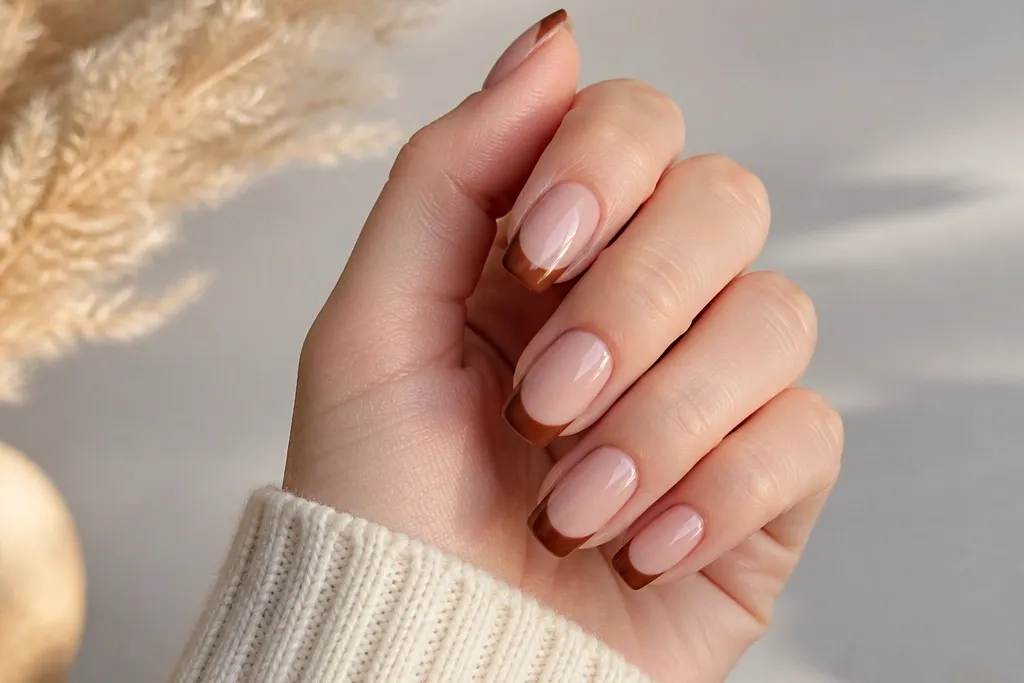 Removable no drill short brown french tip nails