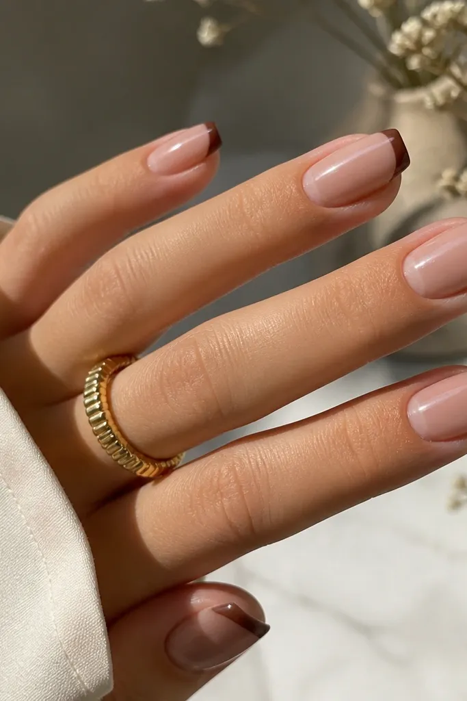 Removable no drill short brown french tip nails