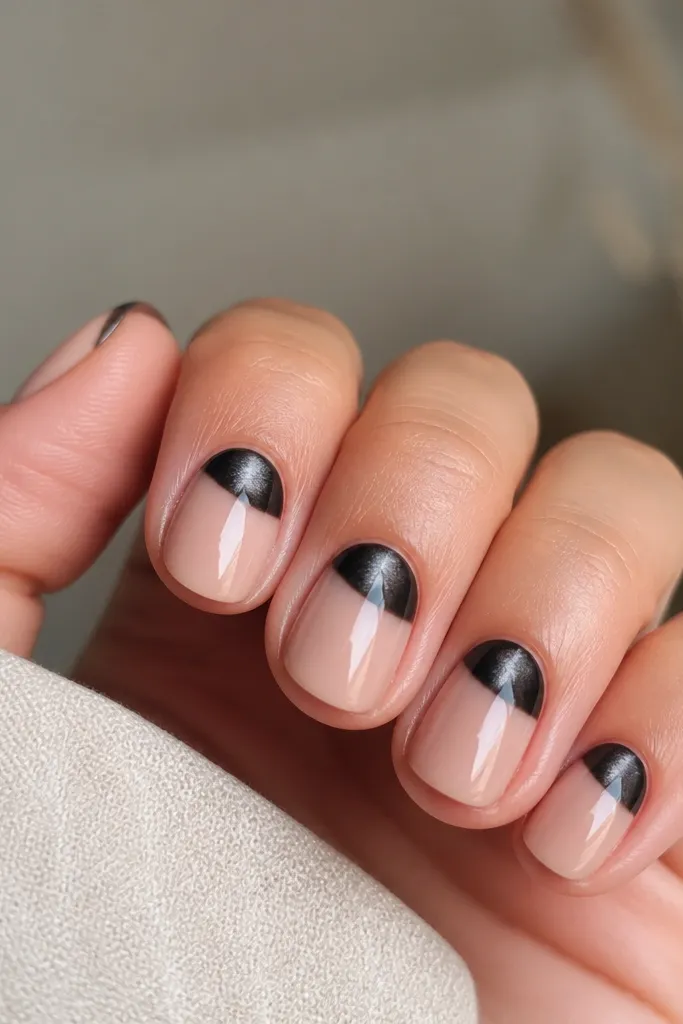 Five short nails with a glossy black cat-eye polish. Each nail has a pale nude base and a dramatic black half-moon at the cuticle area, with the cat-eye streak angled toward the center.
