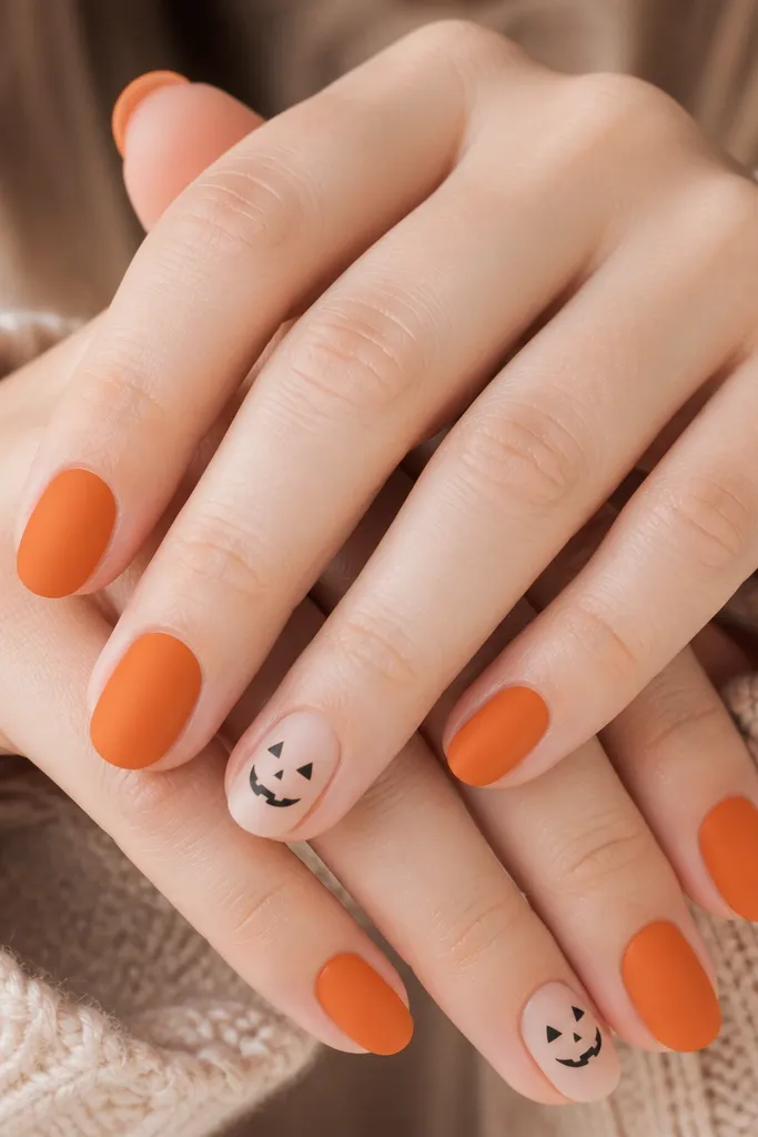 Four nails are matte warm orange. One nail on each hand has a tiny black jack-o-lantern face centered on a nude base, with simple triangle eyes and a curved smile.