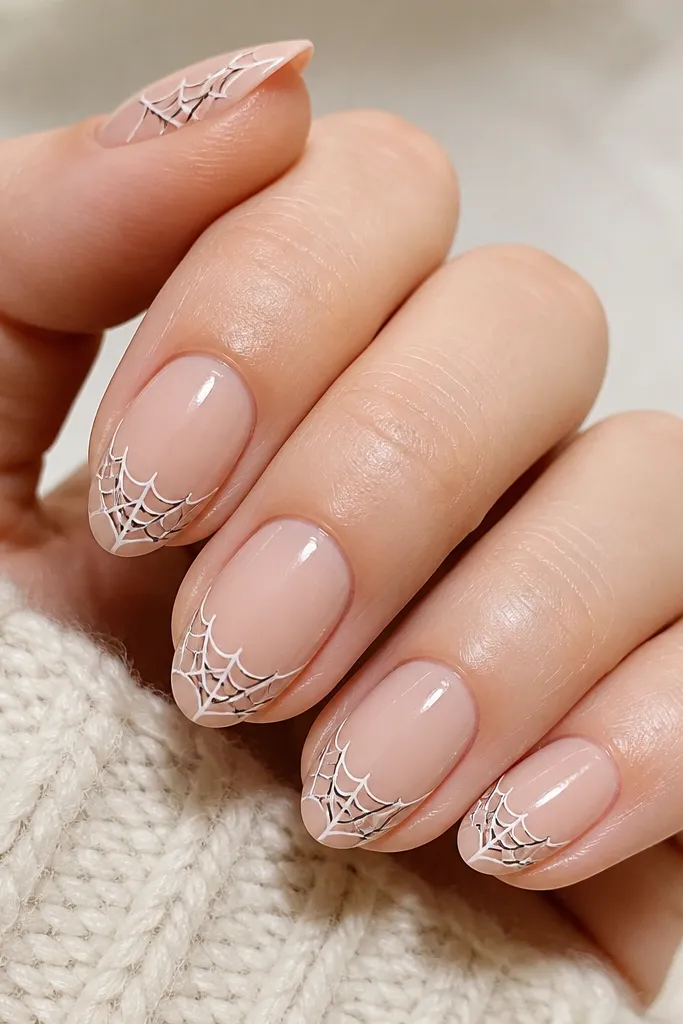 A nude glossy base with a spiderweb drawn as a curved ring around the side of the nail near the tip. The web lines are thin white with black shadow lines, and the rest of the nail is clean.