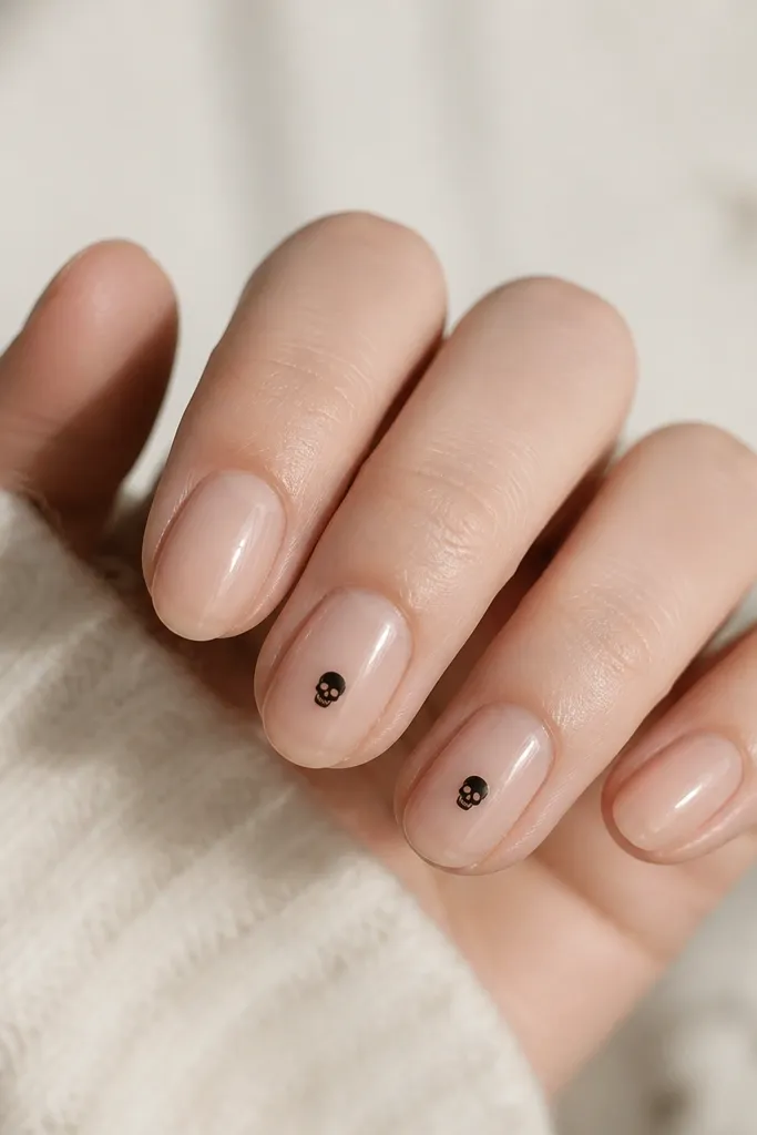 Clear nude nails with a glossy black skull icon on the center of two accent nails. The skulls are tiny, with simple eye sockets and a jaw line, and the rest are plain glossy nude.