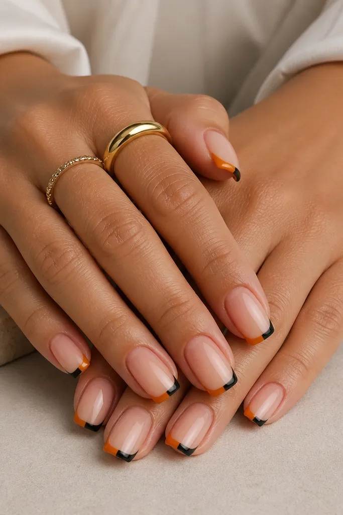 Soft square nails with a sheer nude base. The tips are split: left side orange, right side black, forming a clean French tip line.