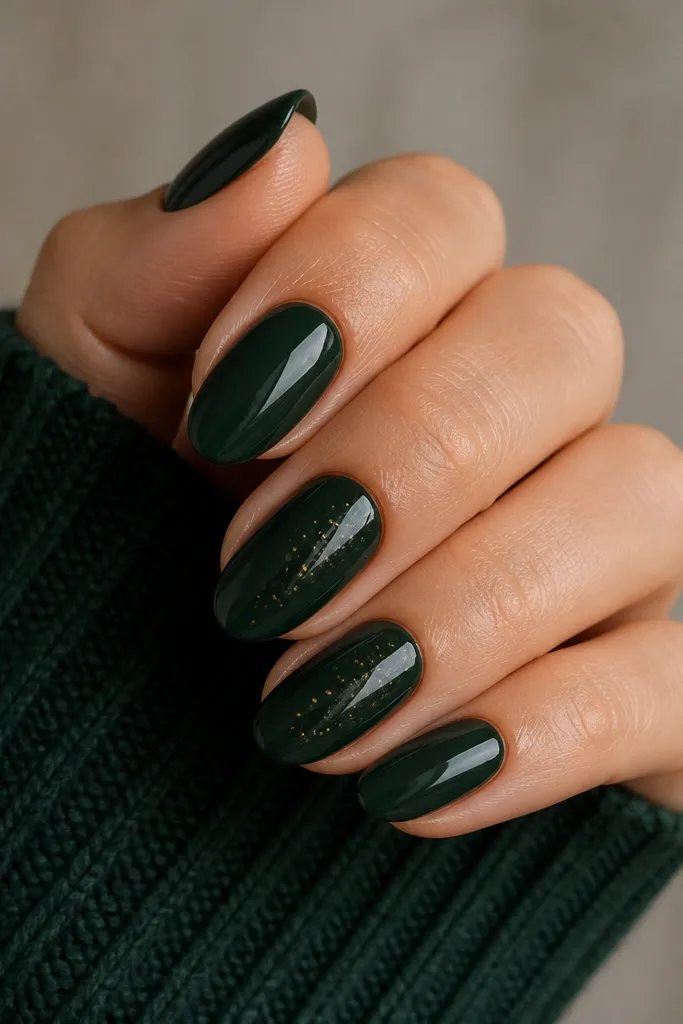 Deep witch green glossy nails with scattered tiny gold foil specks on two accent nails. The specks look like glitter dust but they are sparse and concentrated near the center.
