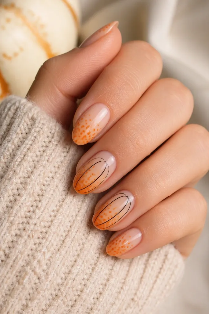 Nails with a nude base fading into orange dots near the tip. The dots form a soft gradient, and two nails have tiny black vertical lines like pumpkin ridges.