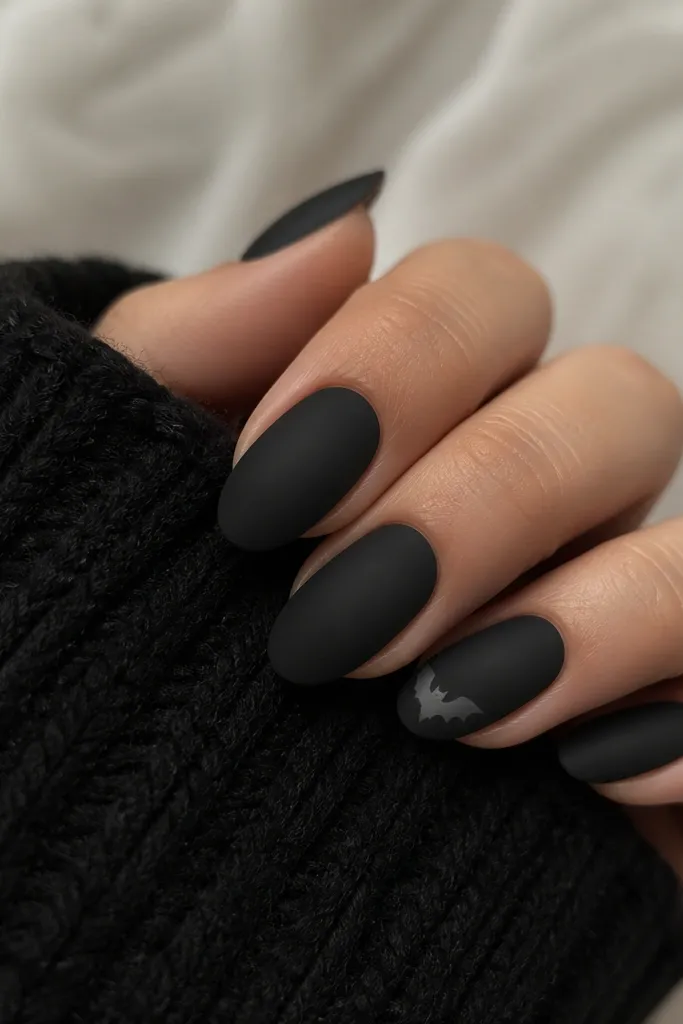 Matte black nails with one accent nail showing a small bat silhouette in gray near the tip. The bat has pointed wings and a simple outline.