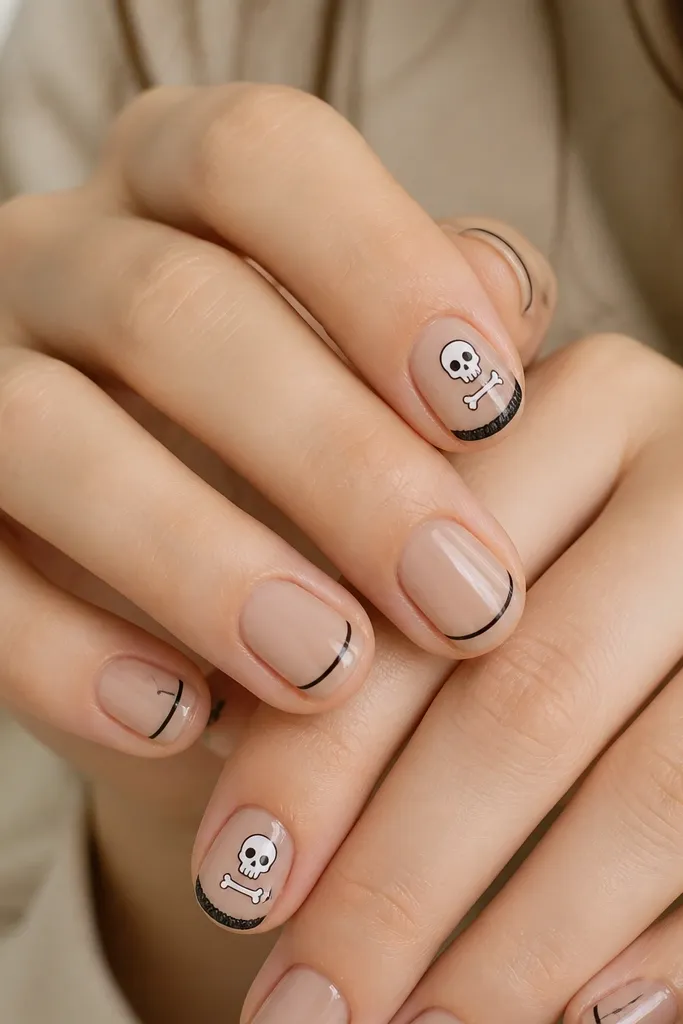 Short nails with a glossy nude base and thin black lines. Two accent nails have a tiny white skull and bone icon, with a black outline and a small curve like an Oreo edge.